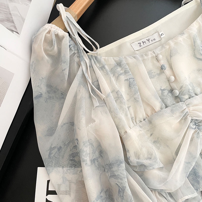 Áo Sơ Mi Chiffon Tay Dài Dáng Ngắn In Họa Tiết Mực Kiểu Pháp Thời Trang Mùa Hè Mới Cá Tính Cho Nữ