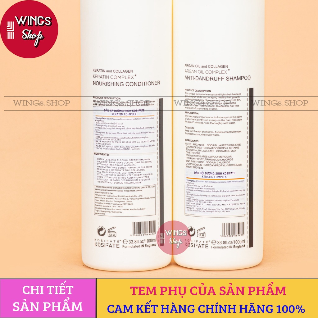 Cặp gội xả dưỡng sinh, phục hồi đa tầng, sạch gàu bổ sung dưỡng chất cho tóc KOSIFATE  1000ml | Wings Shop