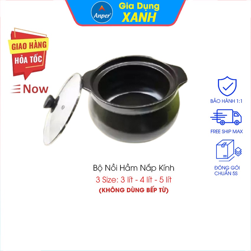 Nồi đất ấm đất 3L4L5L  ANPER tráng men nắp thuỷ tinh (ko bếp từ )  nấu cháo kho cá kho thịt sắc thuốc