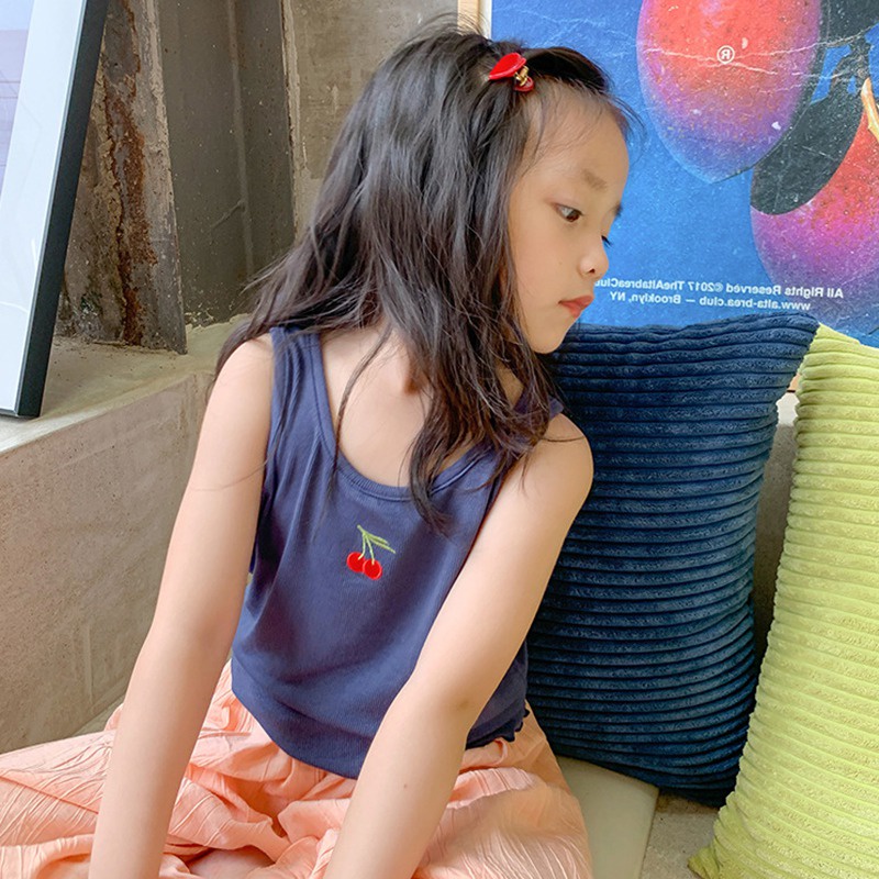 Áo Hai Dây Thêu Hình Cherry Dễ Thương Phong Cách Hàn Quốc Thời Trang Mùa Hè Cho Bé Gái