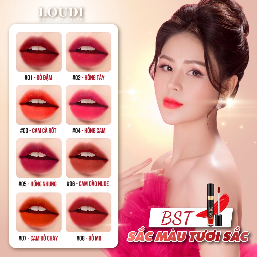 Son kem lì Loudi Matte Lipcream nhiều màu 5g vỏ tròn đen chính hãng