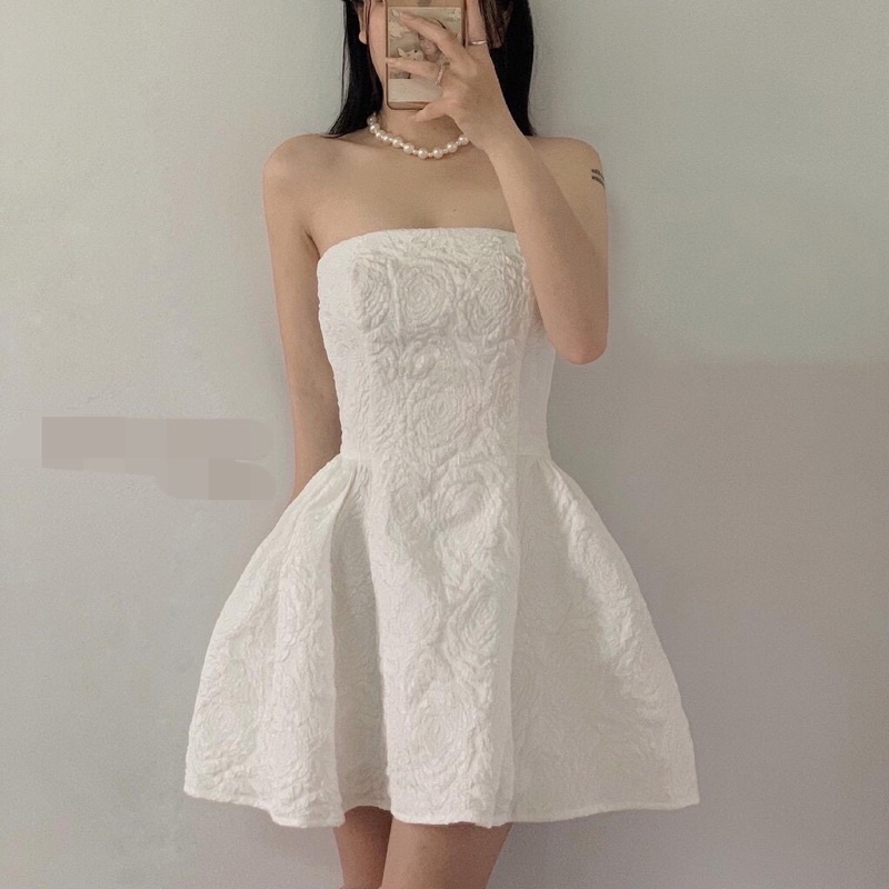 Đầm Cúp Ngực Dự Tiệc Dáng Xoè Tiểu Thư Bồng Bềnh Gấm Xốp Hoa Hồng  E6HT