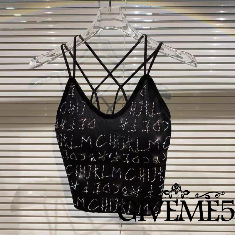 Áo Hai Dây Ôm Dáng In Chữ Đính Đá Hở Lưng Quyến Rũ Cho Nữ