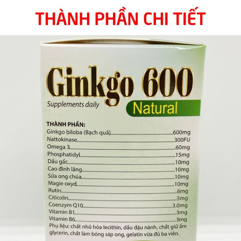 Hoạt huyết dưỡng não GINKGO 600 Natural - Giúp bảo vệ não bộ, ngăn ngừa tai biến, tiền đình - Hộp 100 viên