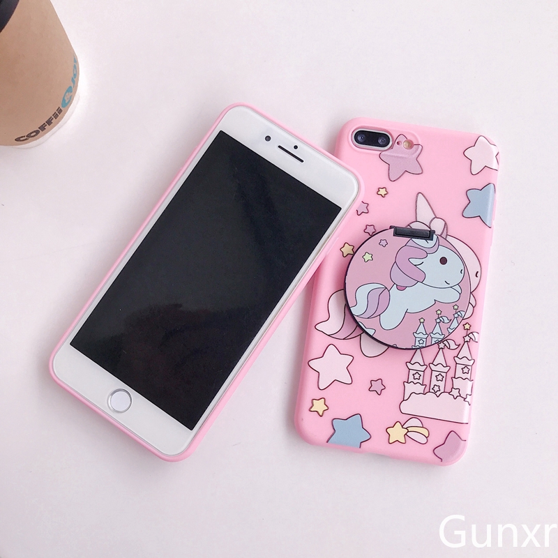 Cute Pink Unicorn Makeup Mirror Case Ốp lưng Iphone 6 6s 6plus 7 8plus XS XR XSmax 11 pro Max SE Soft Silicone Case