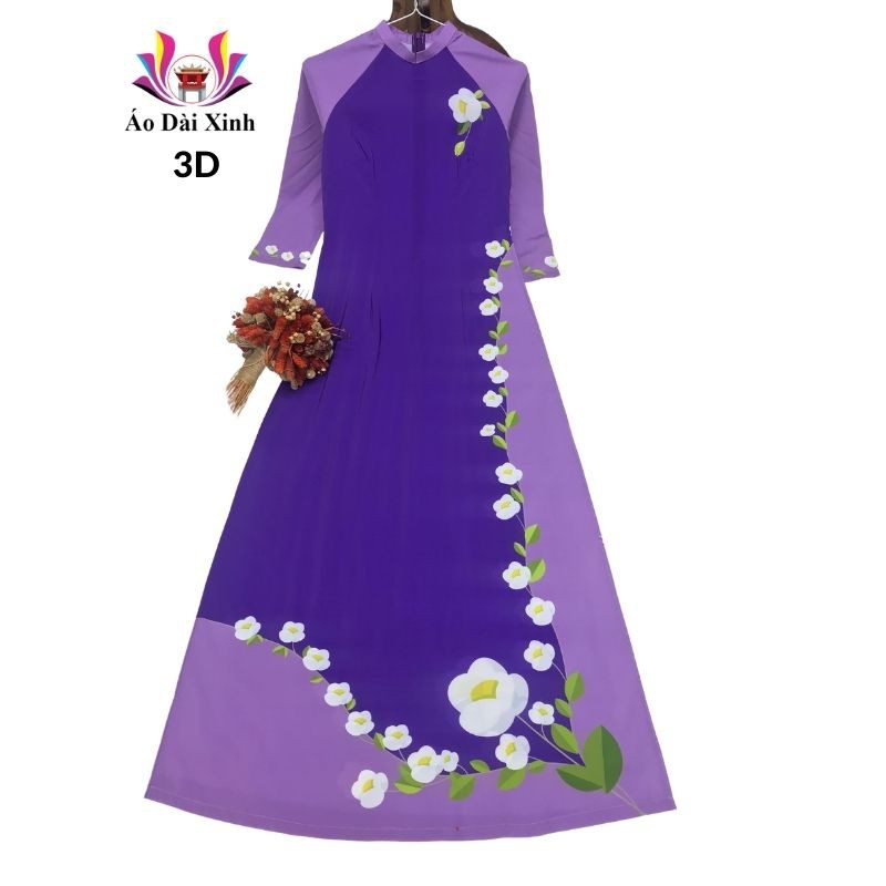 Áo dài truyền thống in 3D cổ tròn tay lỡ màu tím hoa dây