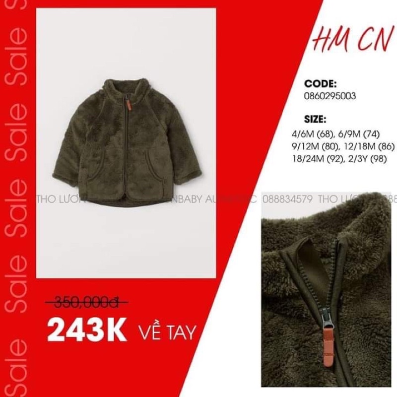 Pass áo khoác lông cho bé trai hm cn size 9-12m (USED)