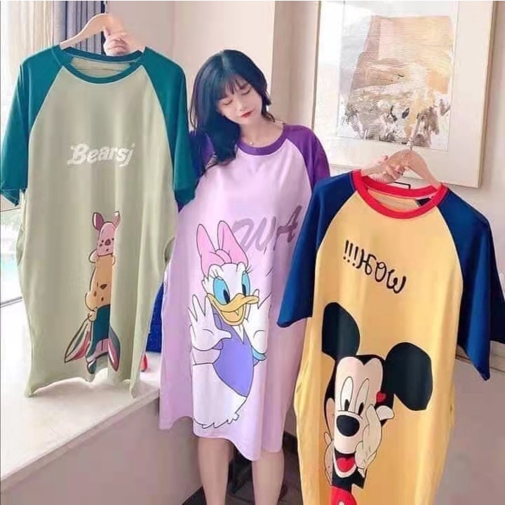 Đầm Ngủ Tay Ngắn Dáng Rộng In Họa Tiết Hoạt Hình Dễ Thương Thời Trang Mùa Hè Cho Nữ 40-68KG