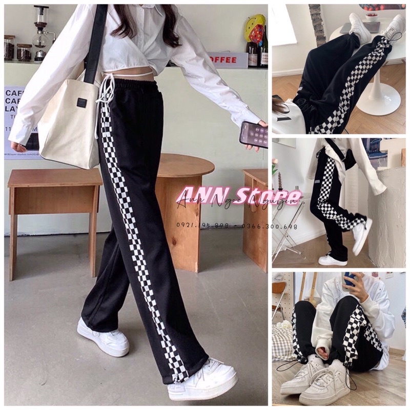Quần thể thao nỉ jogger phối sọc caro có dây bo gấu (annstore)