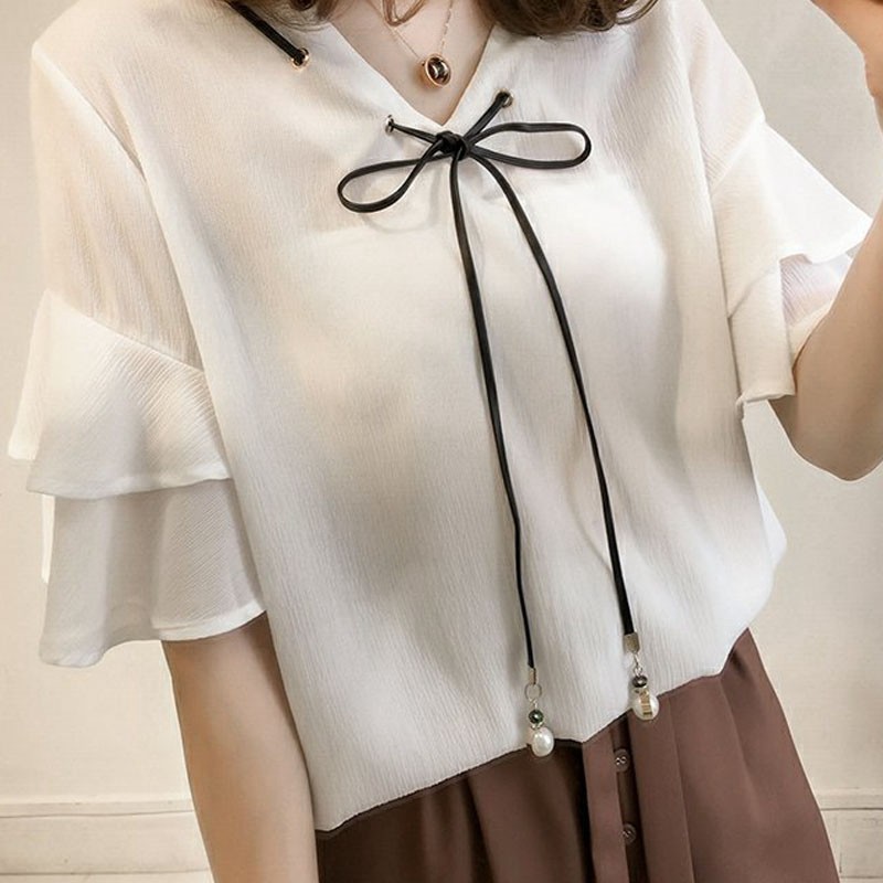 Áo Chiffon Nữ Tay Loe Cổ Chữ V Phong Cách Hàn Quốc