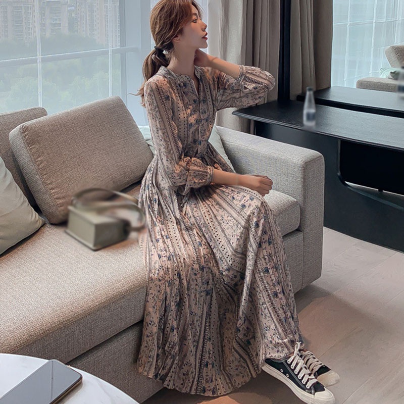 Đầm Chiffon Nữ Dài Tay Cổ Tròn Xếp Ly Thời Trang Hàn