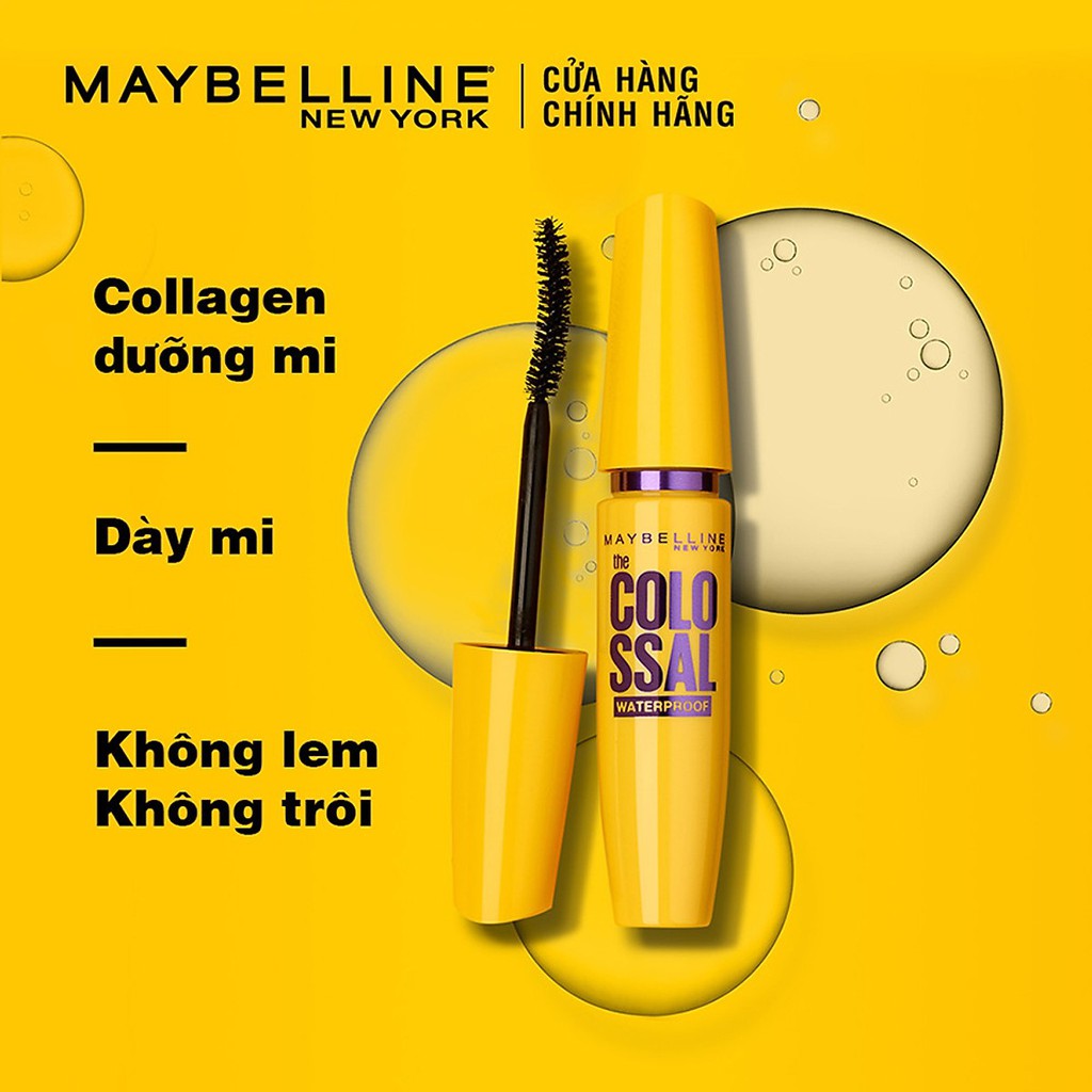 Mascara Maybelline Làm Dày Mi Gấp 10 Lần &amp; Ngăn Rụng Mi Màu Đen Mascara Colossal Waterproof Black 9.2ml