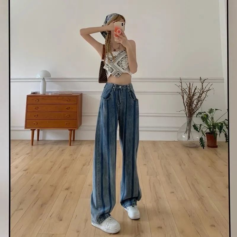 Jiashucheng Quần Jean Nữ Cạp Cao Ống Rộng Họa Tiết Sọc Ngang Phong Cách Hàn Quốc Mới