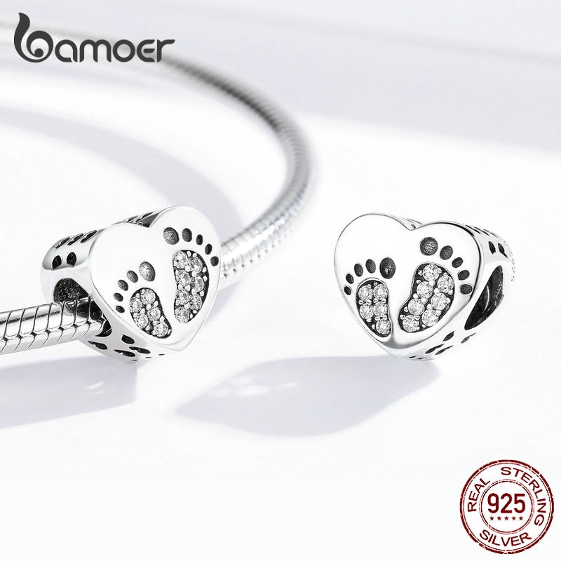 Hạt Trang Sức Bamoer Scc1395 Chốt Bạc Sterling Hình Trái Tim Phối Họa Tiết Dấu Chân Dùng Làm Đồ Trang Sức Thủ Công