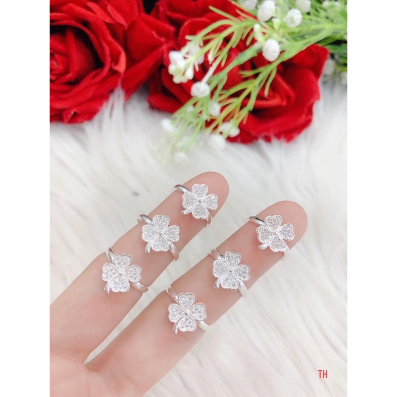 Nhẫn nữ cỏ 4 lá may mắn nạm đá chuẩn bạc ta -THJ SILVER