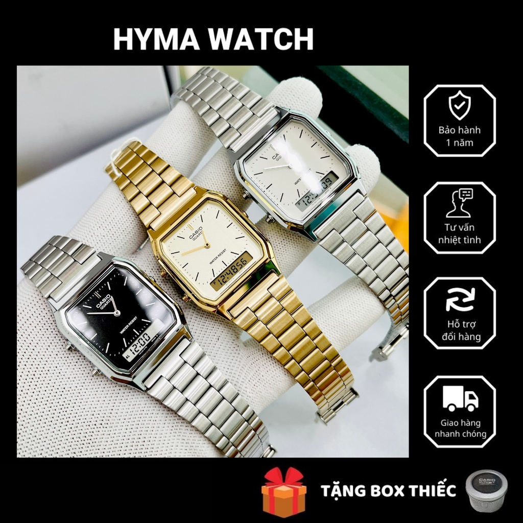 Đồng hồ nam nữ điện tử chính hãng Casio AQ 230 Dây thép không gỉ - Chống nước 3ATM Bảo hành 1 năm Hyma watch