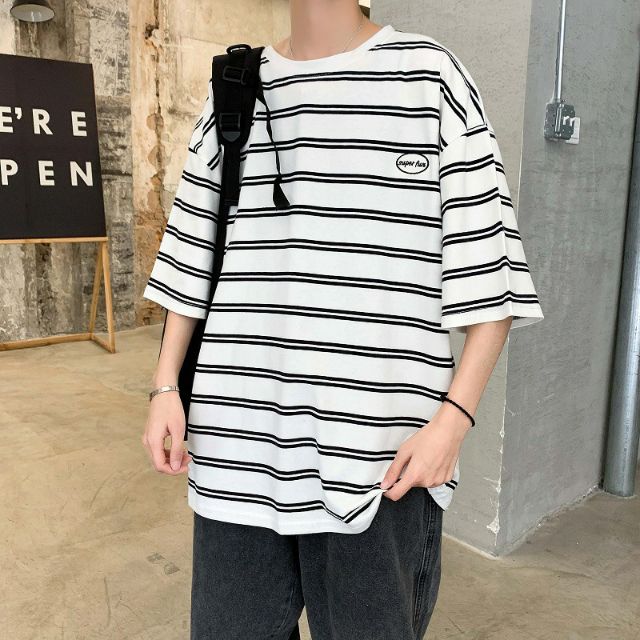 ÁO THUN TAY LỠ UNISEX NAM NỮ KẺ NGANG LOGO NGỰC