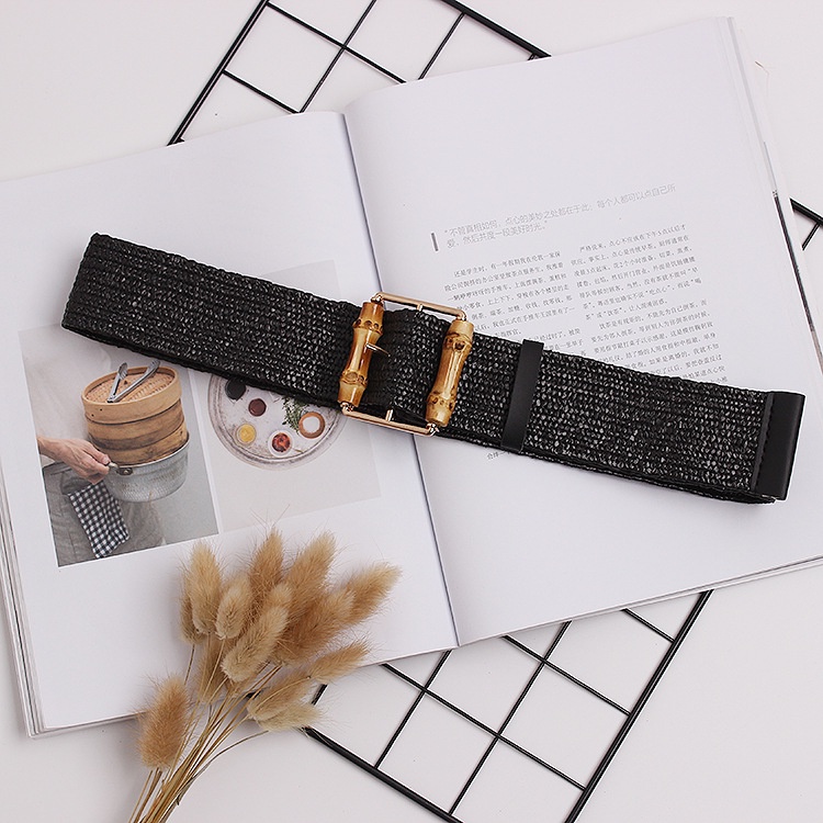 OFF WHITE Thắt Lưng Dệt Kim Tre Co Giãn Thương Hiệu Thời Trang Bohemian Dệt Kim Khóa Cài Màu Trắng Chất Lượng Cao Cho Nữ