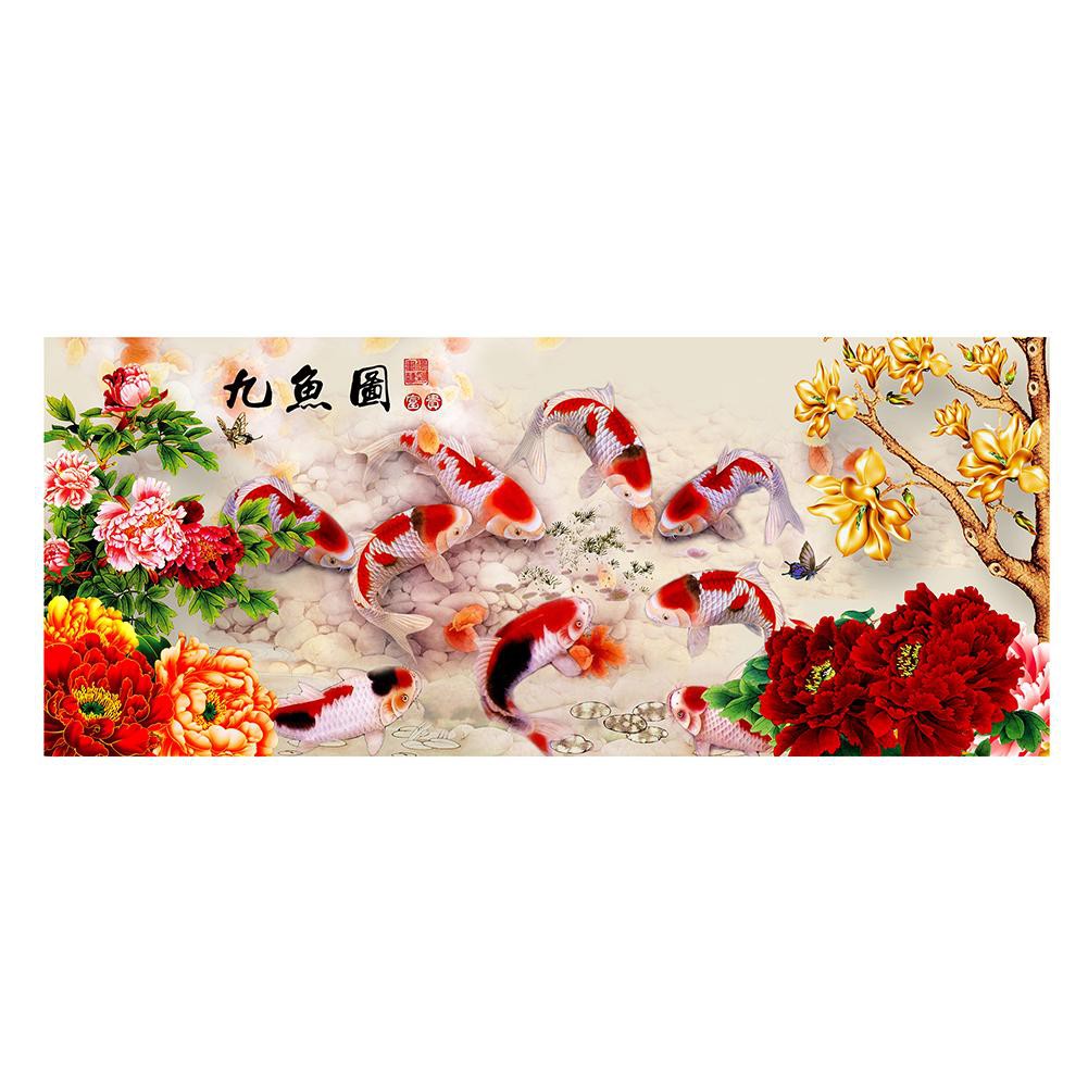 Set tranh đính đá 5D DIY hình cá phối hoa mẫu đơn độc đáo trang trí nhà