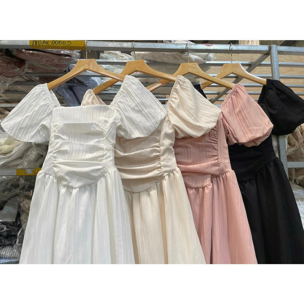 D41 Đầm Babydoll Tay Phồng Xòe 21ROOM Dáng Dài Màu Trắng Nữ Xếp Ly Ngực Phong Cách Hàn Quốc Tiểu Thư