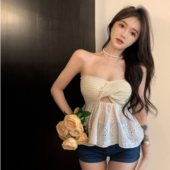 [Hana And Alice] Áo Dệt Kim Phối Ren Hở Vai Quyến Rũ Thời Trang