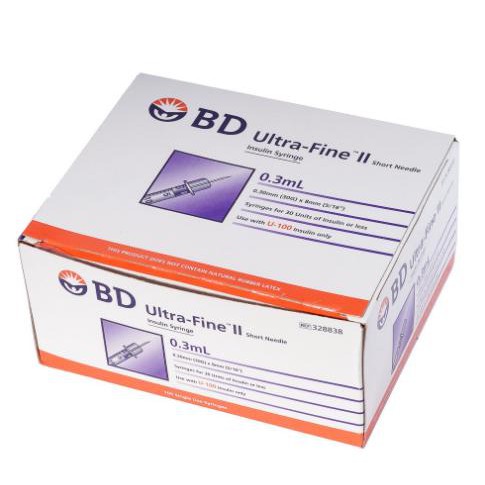HỘP 100 cây bơm kim tiêm Insulin tiểu đường 0.3 mL, 0.5 mL, 1 mL BD ULTRA - FINE II SHORT NEEDLE - U100 đái tháo đường