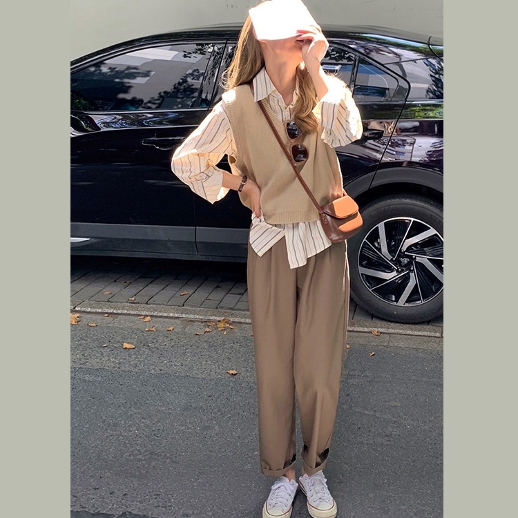 Áo sơ mi sọc tay dài/ áo không tay cổ V/ quần dài ống rộng lưng cao thời trang cho nữ 46294