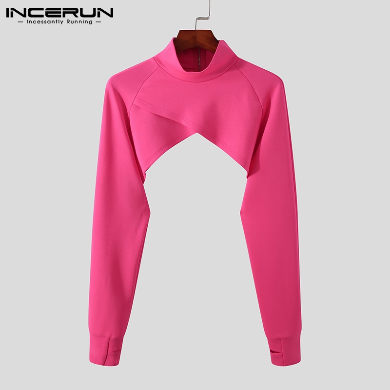 Áo crop top INCERUN cổ cao tay dài khoá kéo sau lưng thời trang cho nam