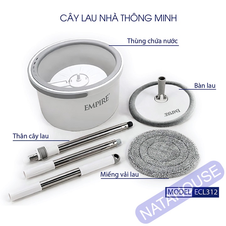 Cây Lau Nhà Empire ECL312_Trắng Bộ Lau Nhà Tự Vắt Thông Minh tiết kiệm nước