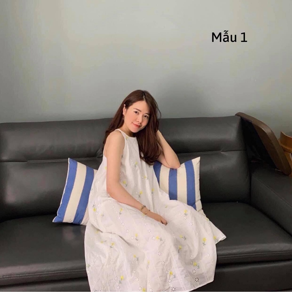 Đầm suông, Váy yếm dài, Đầm maxi hoa nhí Cao Cấp dáng suông vàng trắng, form rộng dài qua gối - MiNhi