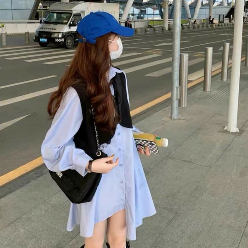 Set đầm sơmi lệch tà phong cách Ullzang