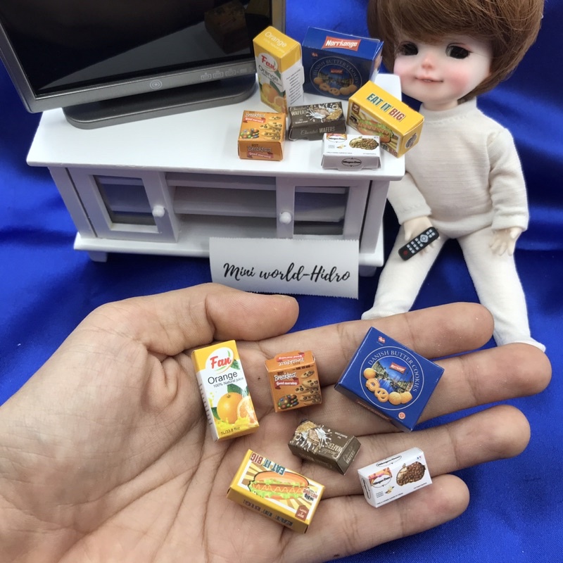 Combo hộp bánh kẹo nước cam bánh mì đồ hộp mini mô hình tí hon dùng cho trang trí nhà búp bê Barbie, BJD tỉ lệ 1/8, 1/12