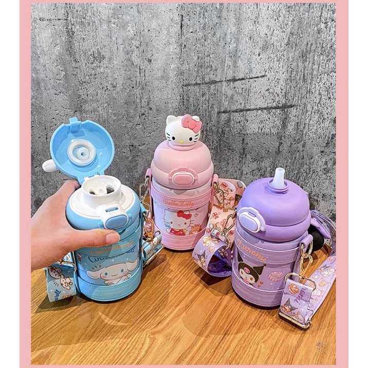 Bình nước giữ nhiệt Kuromi , Cinnamoroll , Hello Kitty Sanrio 3D kèm dây đeo tiện lợi 500ml