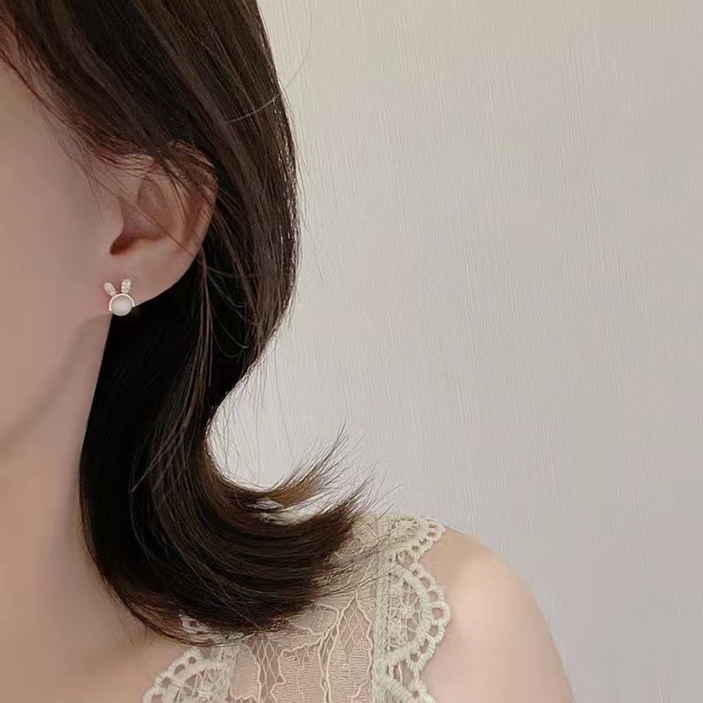Khuyên Tai Hình Thỏ Đính Đá Opal Ba Chiều Phong Cách Hàn Quốc Đơn Giản Và Ngọt Ngào Cho Nữ