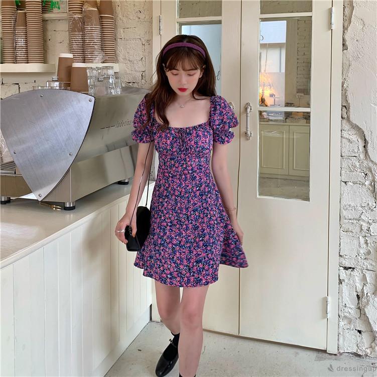 Đầm chữ A tay ngắn in họa tiết hoa phong cách bohemian cho nữ