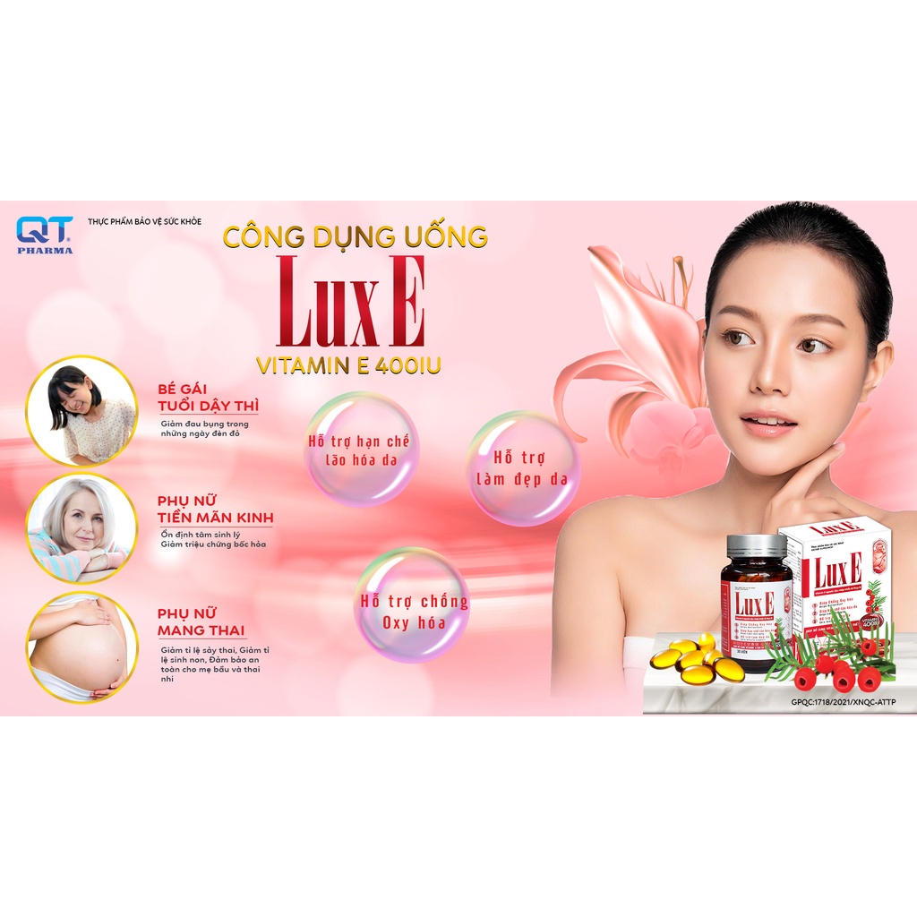 Lux E hộp 30 viên QT Pharma Việt Nam bổ sung Vitamin E 400IU giúp chống oxy hóa, chống lão hóa da, hỗ trợ làm đẹp da