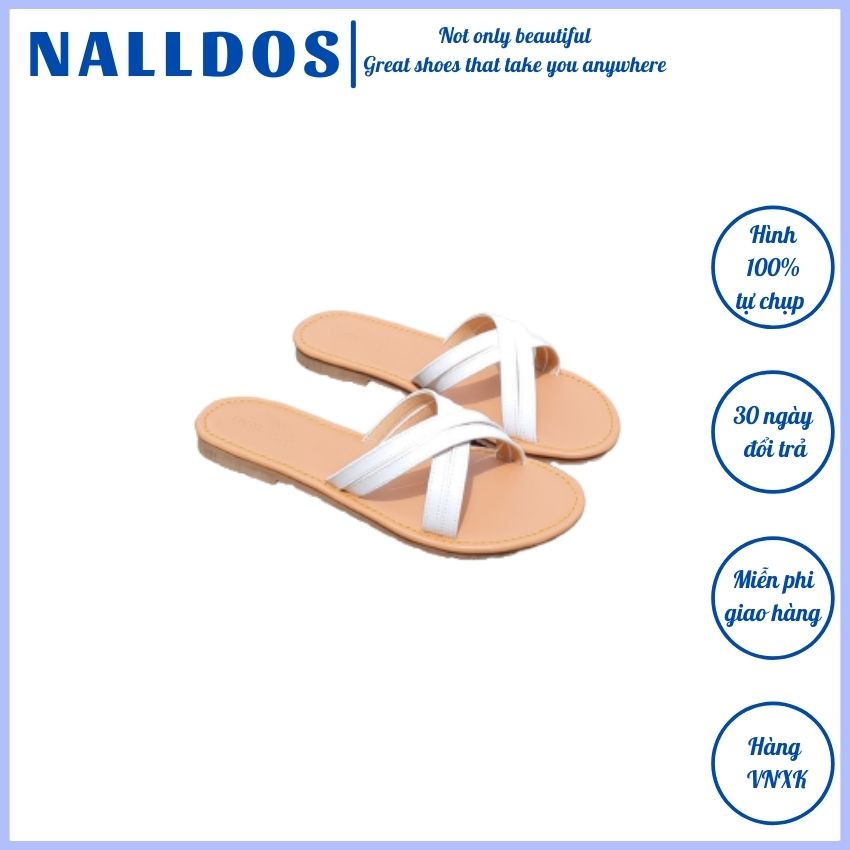Dép chéo quai mảnh NALLDOS chất liệu da, đế thấp TPR nhẹ chống trượt 3 màu thời trang