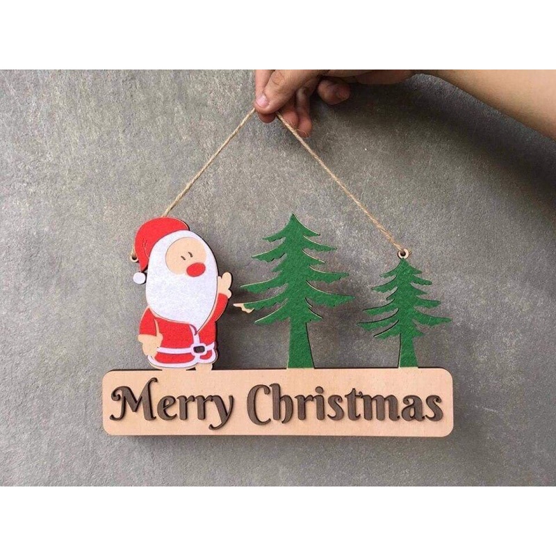 Bảng gỗ merry christmas cây thông và con vật xinh xắn kích thước 25cm tặng móc dán trang trí mùa giáng sinh