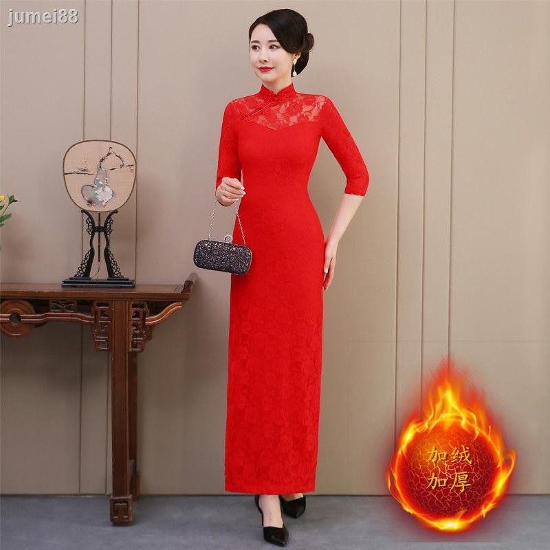 Plus Đầm Sườn Xám Phối Ren Màu Đỏ Phong Cách Thượng Hải Quyến Rũ