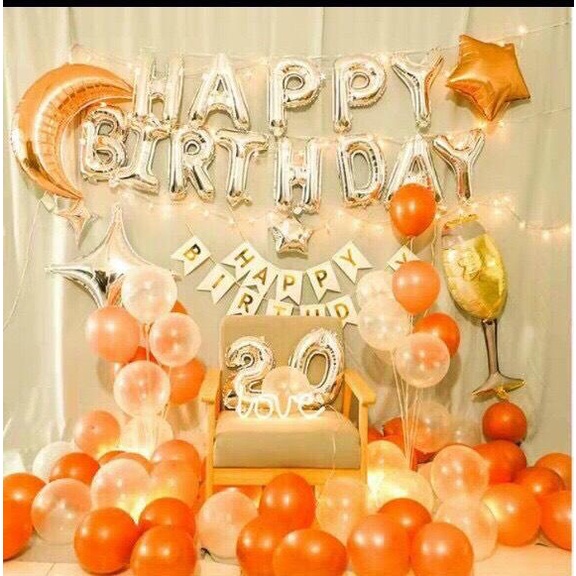 [Ảnh thật] Set trang trí sinh nhật. happy birthday tone màu đỏ cam lãng mạn TẶNG KÈM bơm bóng, keo dán tùy combo