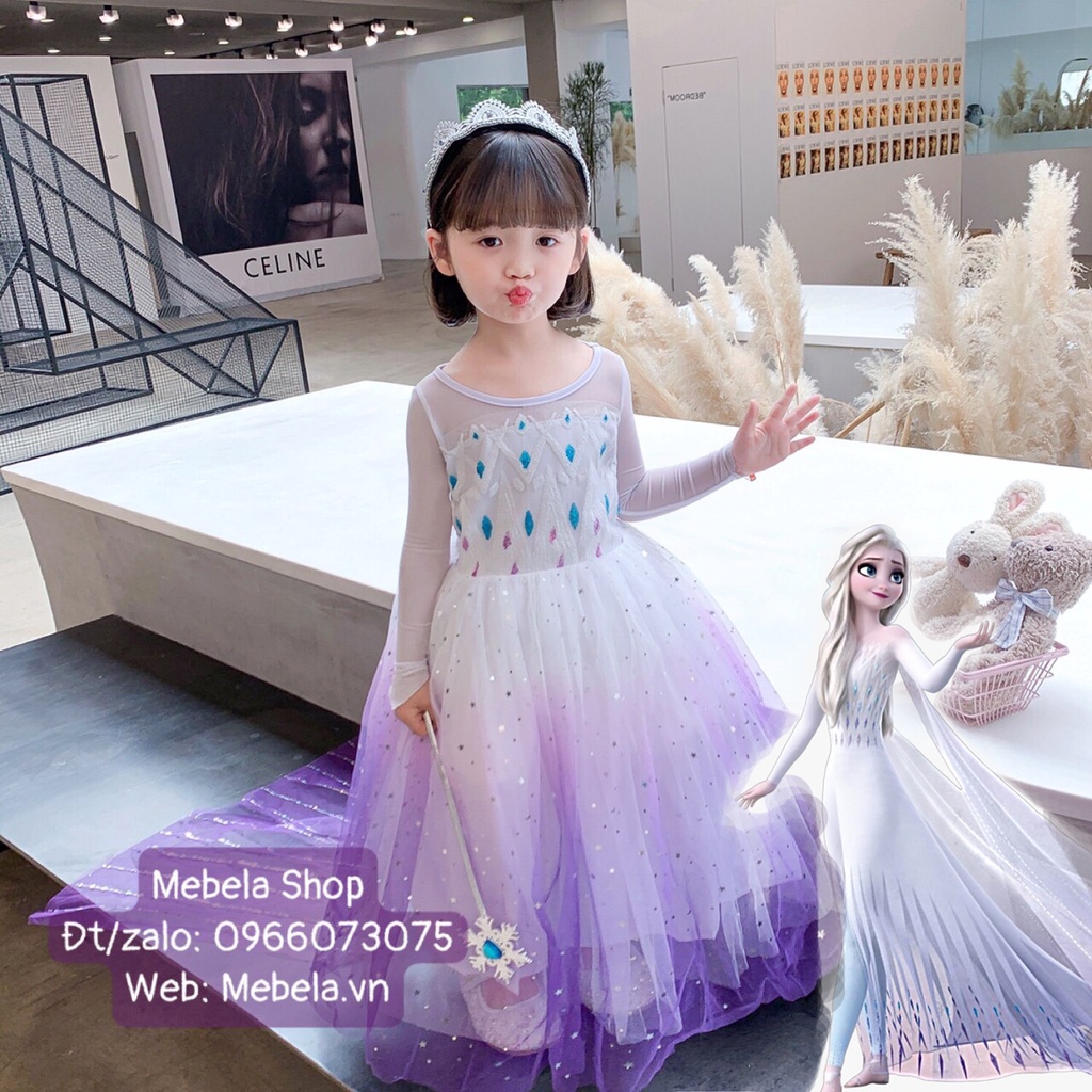 Váy công chúa Elsa Frozen 2 dài tay cho bé có ảnh thật phía sau