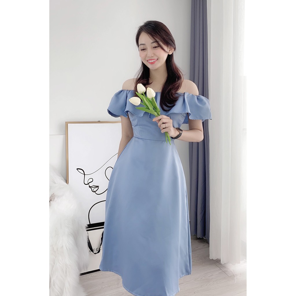 [ẢNH VIDEO THẬT] Đầm Tiểu Thư Cô Dâu, Xòe, bẹp vai, Khoe vai, Tafta, Trắng, Xanh | BigBuy360 - bigbuy360.vn