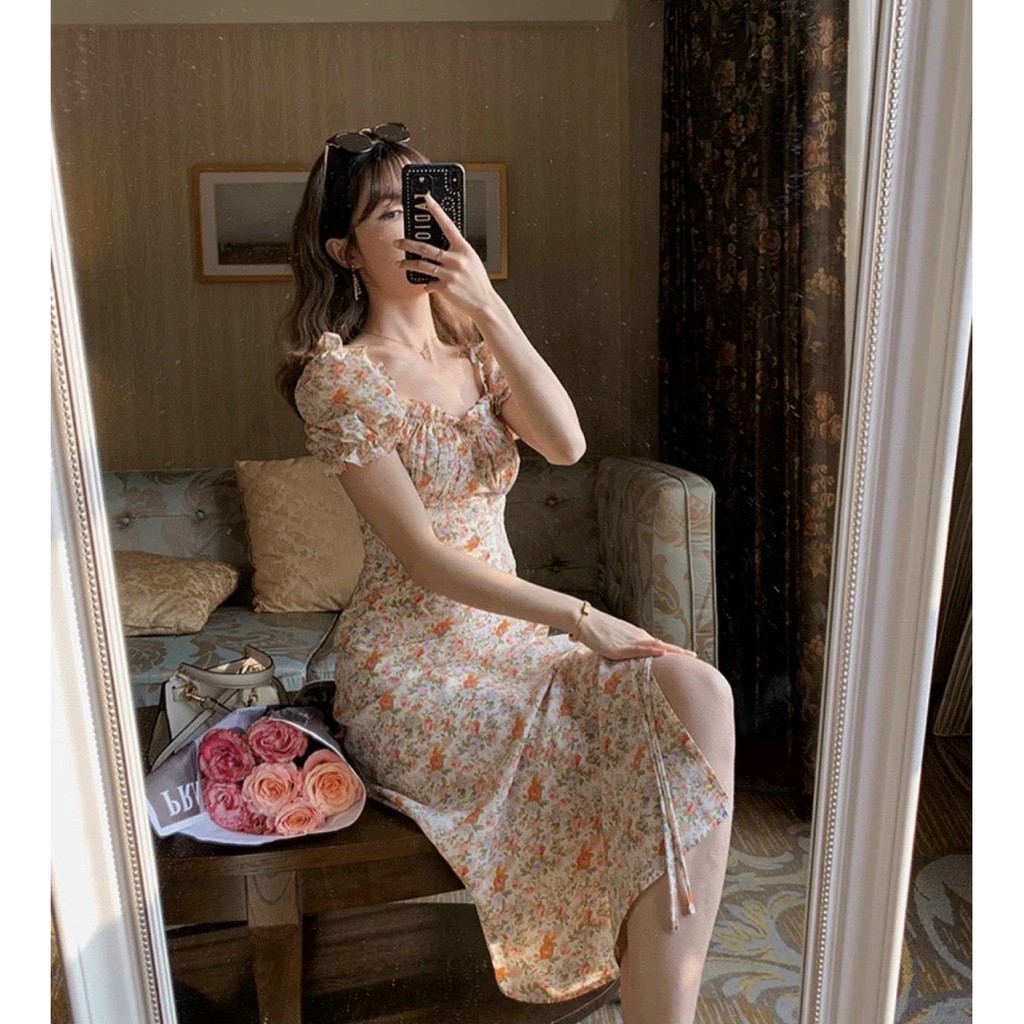 VN44 - VÁY HOA CAM RÚT EO VOAN TƠ CHO NỮ | BigBuy360 - bigbuy360.vn