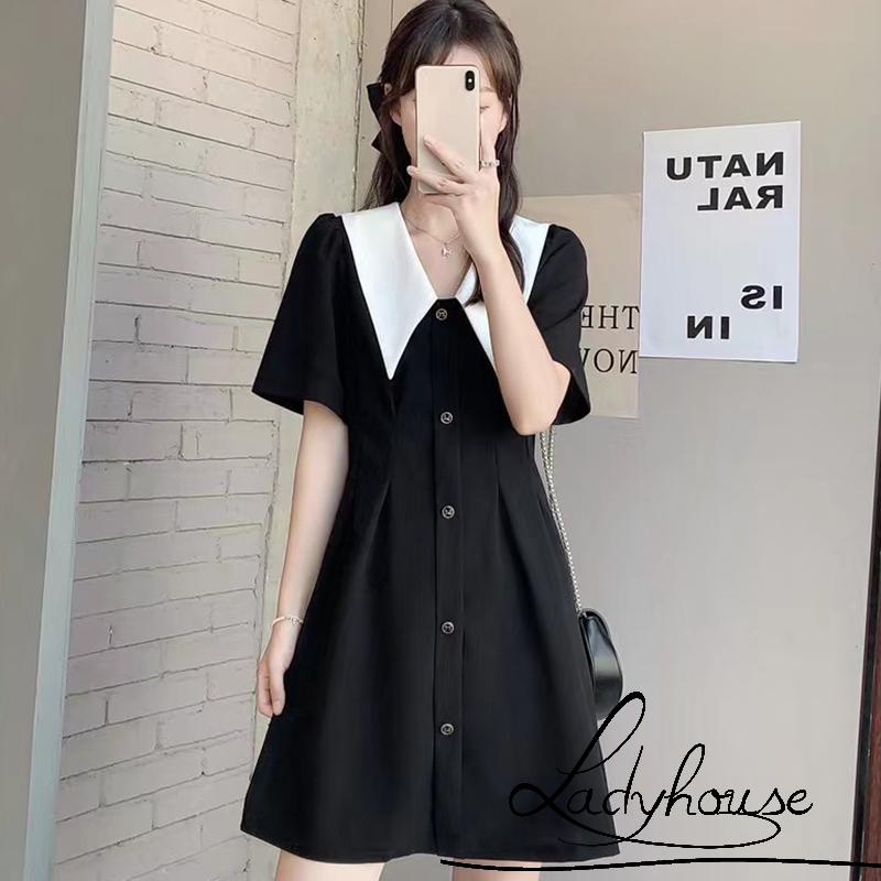 Ldd-đầm Ngắn Tay Mini Cổ Peter Pan Cài Nút Màu Sắc Tương Phản Thời Trang Mùa Hè Cho Nữ