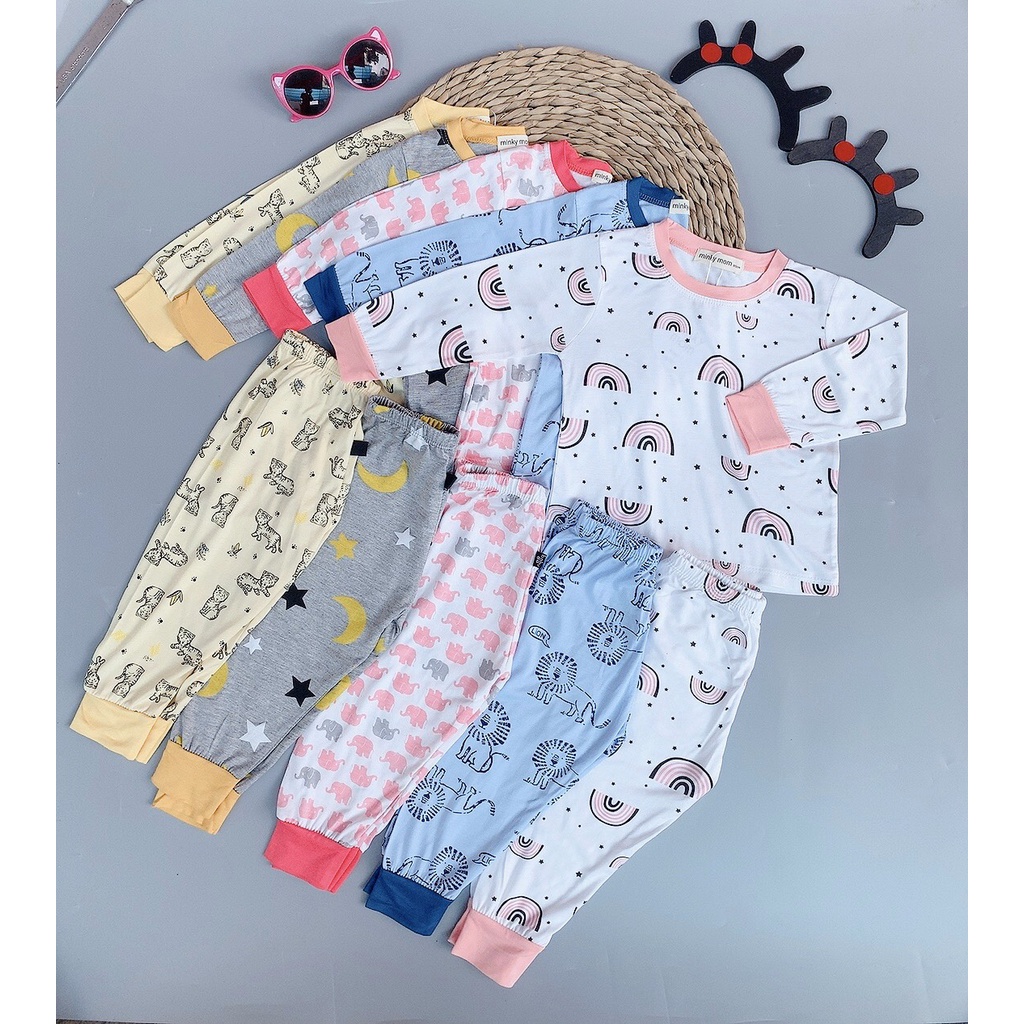 [Bé 7-32kg] Bộ Dài tay thun lanh phối bo Minky Mom in hình dễ thương cho bé trai, bé gái từ 7-32kg ( HÀNG LOẠI 1)