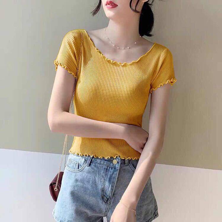 Áo thun tay ngắn cổ tròn màu trơn đơn giản dễ phối đồ cho nữ