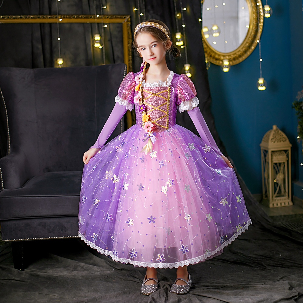 Bộ tóc giả thắt bím và đầm đính sequin lấp lánh với găng tay hóa trang công chúa Rapunzel dành cho bé gái