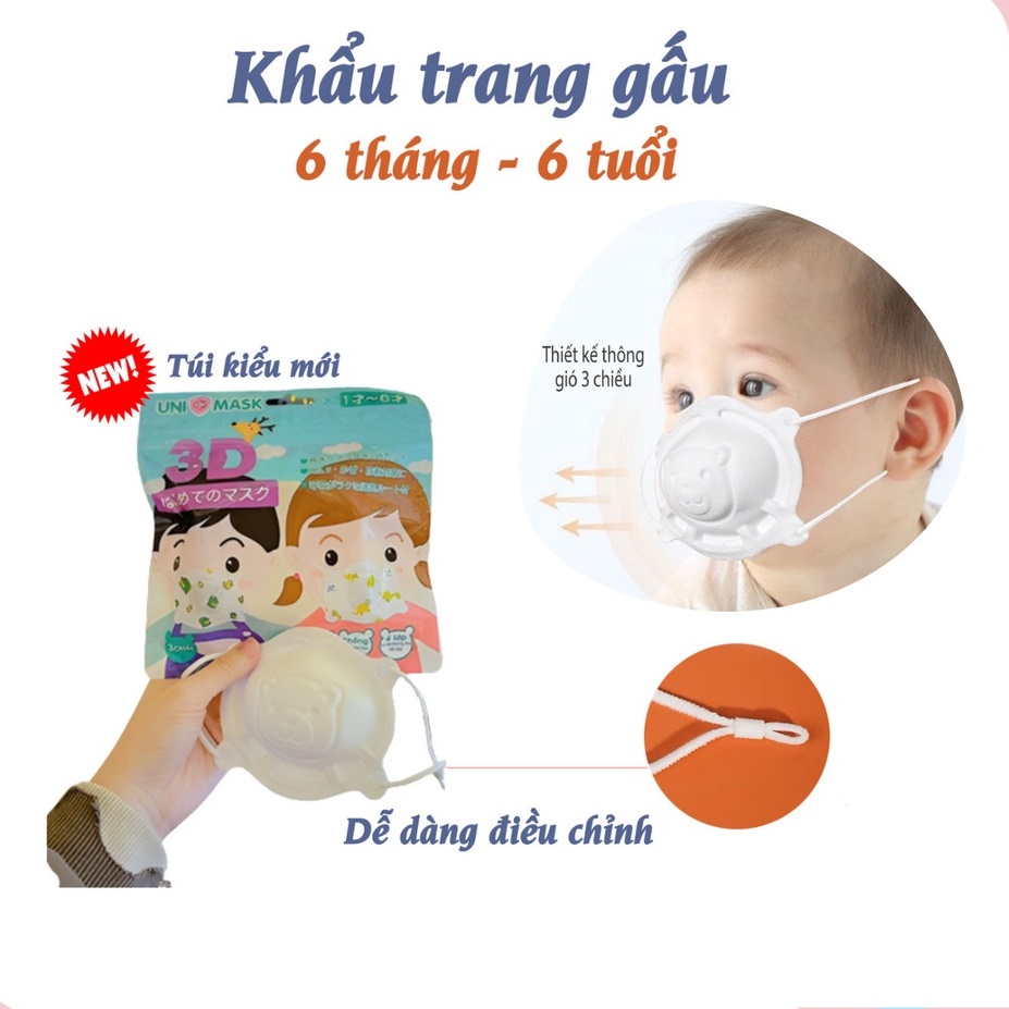 Khẩu trang Gấu Unimask 3D kháng khuẩn tiện dụng cho bé từ 6 tháng đến 6 tuổi (Túi 3 chiếc)