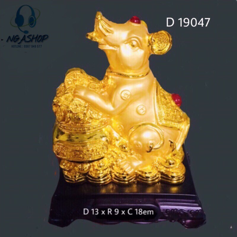 TƯỢNG CHUỘT PHONG THUỶ KIM TIỀN  ,CHUỘT ÔM TÚI D19047, MÀU VÀNG 13 x 9 x 18em