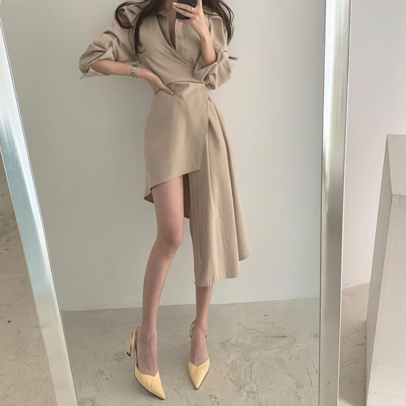 Đầm Sơ Mi Dáng Ôm Che Bụng Kiểu Pháp Thời Trang Xuân Thu Cho Nữ